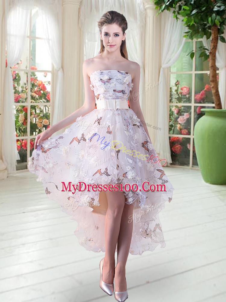 High Low White Prom Gown Organza Sleeveless Appliques