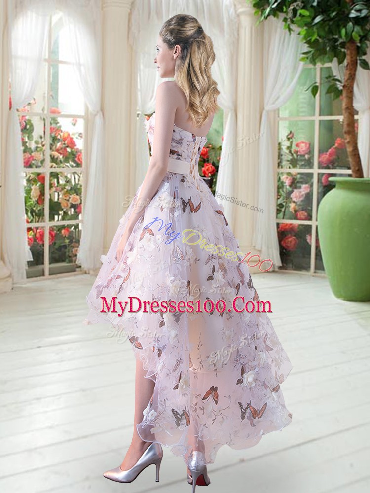 High Low White Prom Gown Organza Sleeveless Appliques