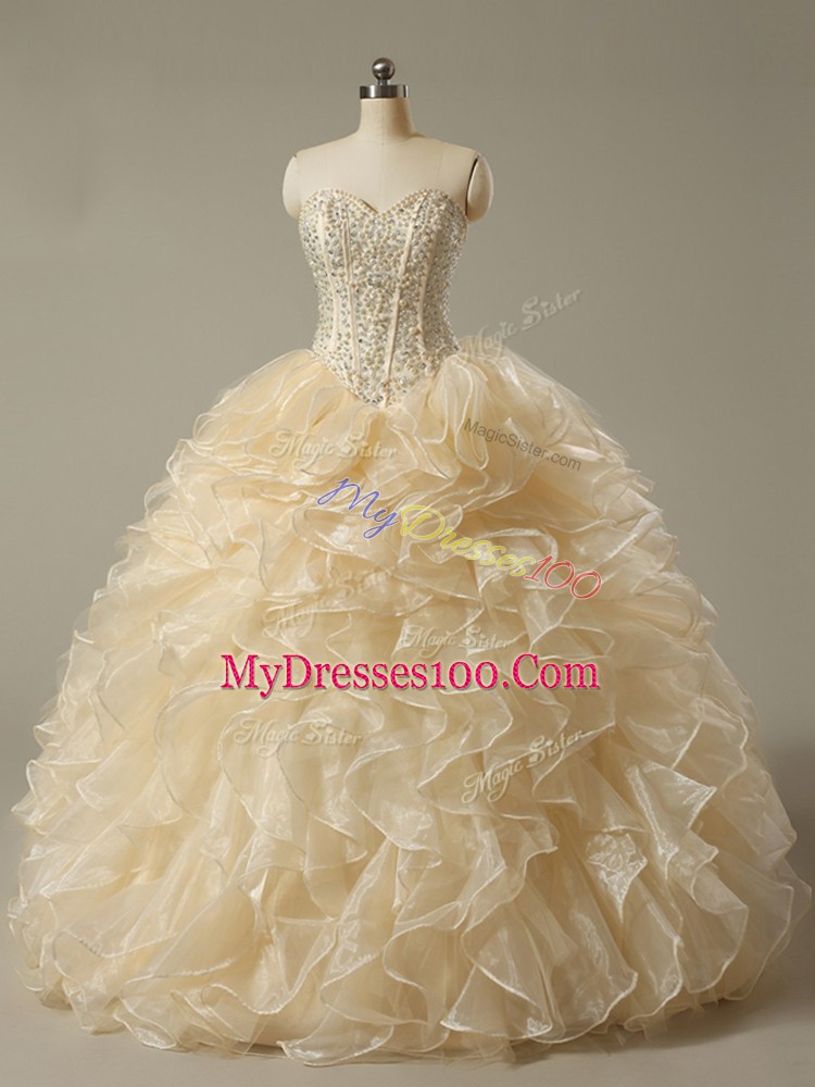 Great Floor Length Ball Gowns Sleeveless Champagne Quinceanera Gown Lace Up