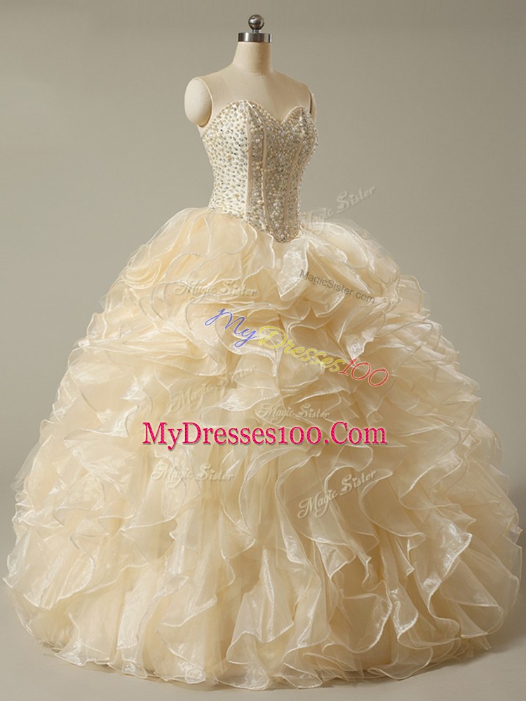 Great Floor Length Ball Gowns Sleeveless Champagne Quinceanera Gown Lace Up