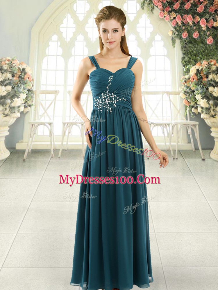 Nice Beading and Ruching Teal Lace Up Sleeveless Floor Length