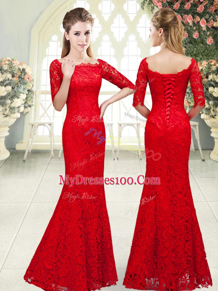 Glorious Red Lace Up Formal Evening Gowns Beading 3 4 Length Sleeve Floor Length
