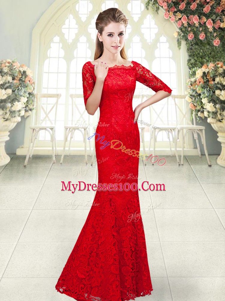 Glorious Red Lace Up Formal Evening Gowns Beading 3 4 Length Sleeve Floor Length