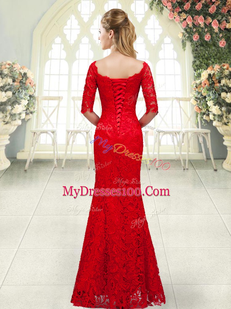 Glorious Red Lace Up Formal Evening Gowns Beading 3 4 Length Sleeve Floor Length