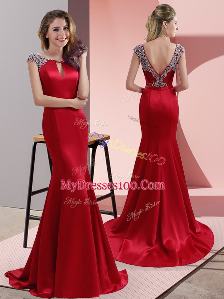 Mermaid Cap Sleeves Red Evening Dress Sweep Train Backless