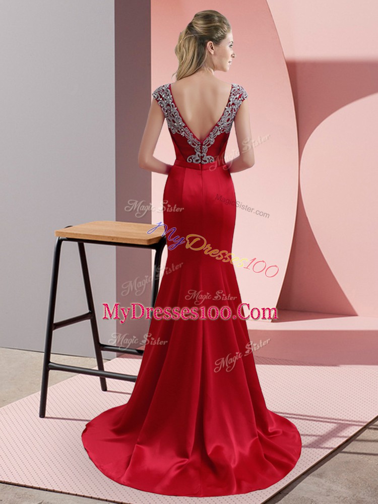 Mermaid Cap Sleeves Red Evening Dress Sweep Train Backless