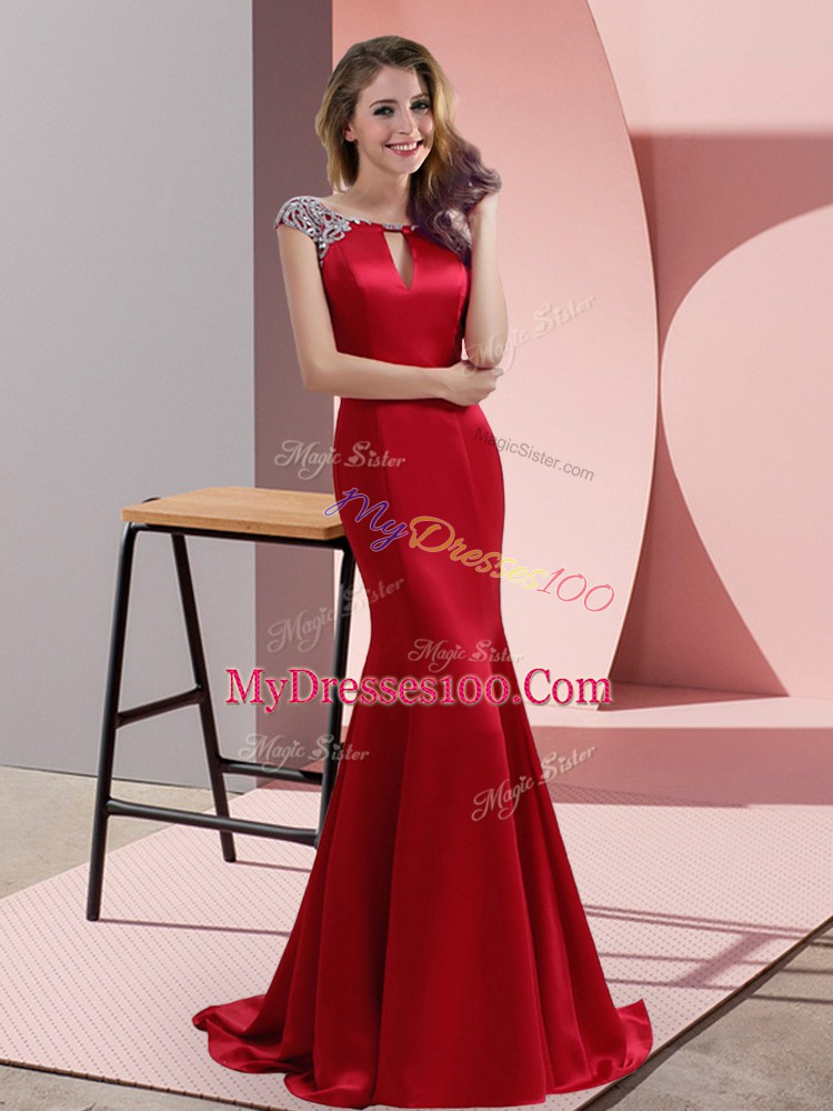 Mermaid Cap Sleeves Red Evening Dress Sweep Train Backless