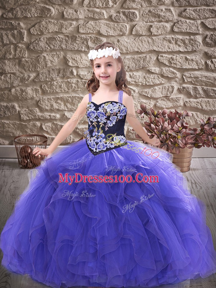 Purple Sleeveless Embroidery and Ruffles Floor Length High School Pageant Dress