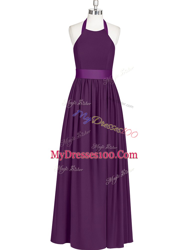 Romantic Eggplant Purple Empire Ruching Prom Gown Zipper Chiffon Sleeveless Floor Length