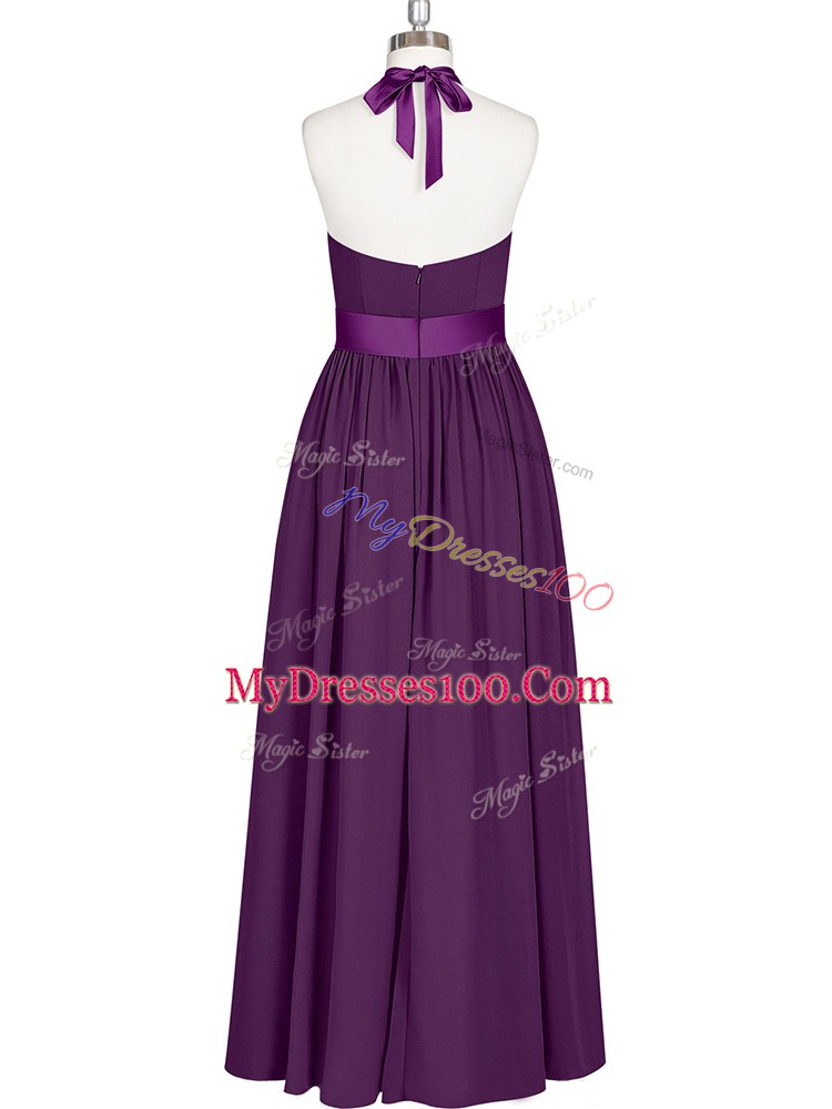 Romantic Eggplant Purple Empire Ruching Prom Gown Zipper Chiffon Sleeveless Floor Length