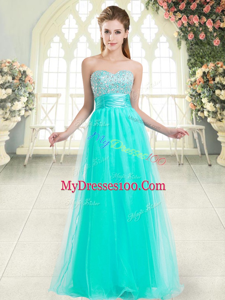 Modern Beading Prom Gown Aqua Blue Lace Up Sleeveless Floor Length
