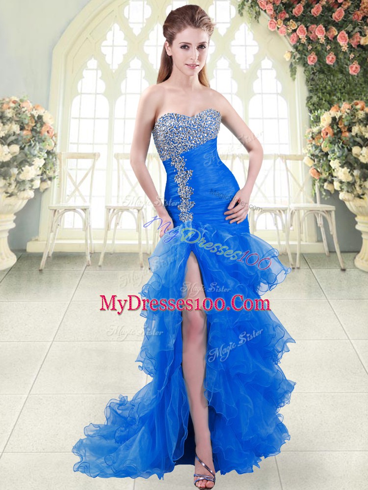 Affordable Sleeveless Organza Sweep Train Lace Up Formal Dresses in Blue with Beading and Ruffled Layers