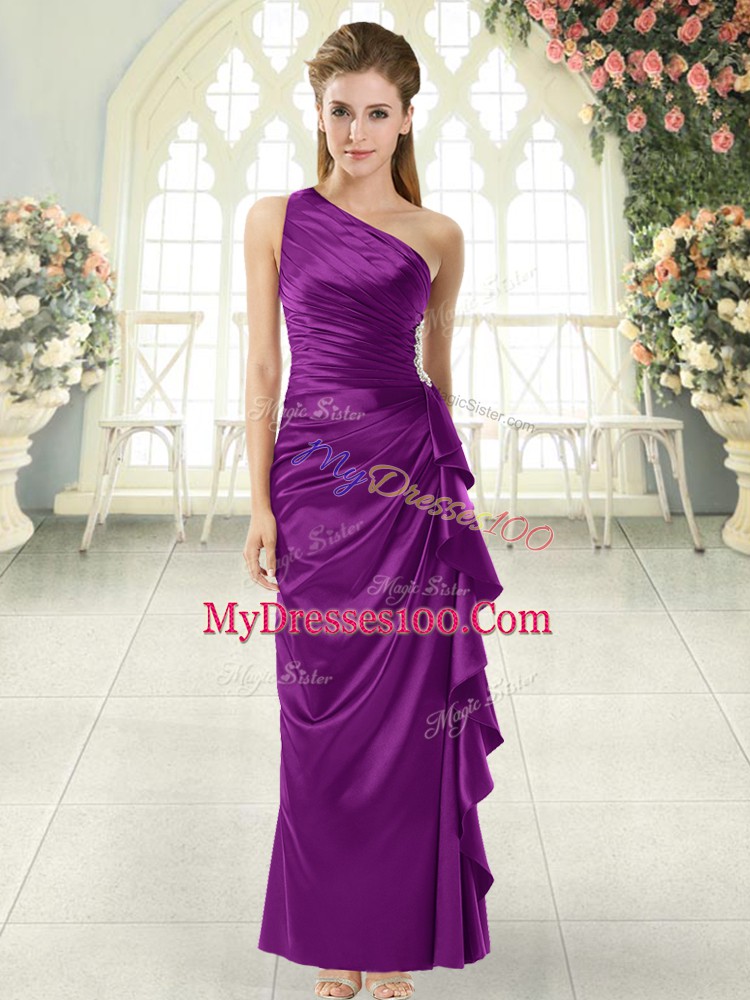High End Sleeveless Taffeta Ankle Length Side Zipper Prom Dresses in Purple with Ruffles