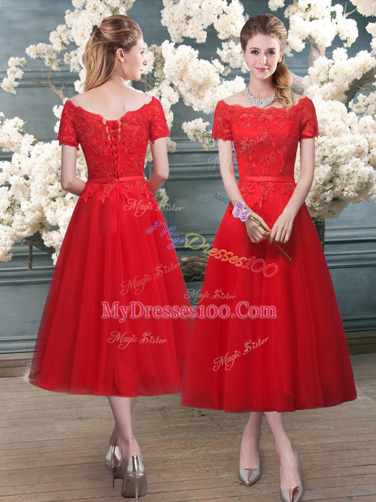 Lace Red Lace Up Short Sleeves Tea Length