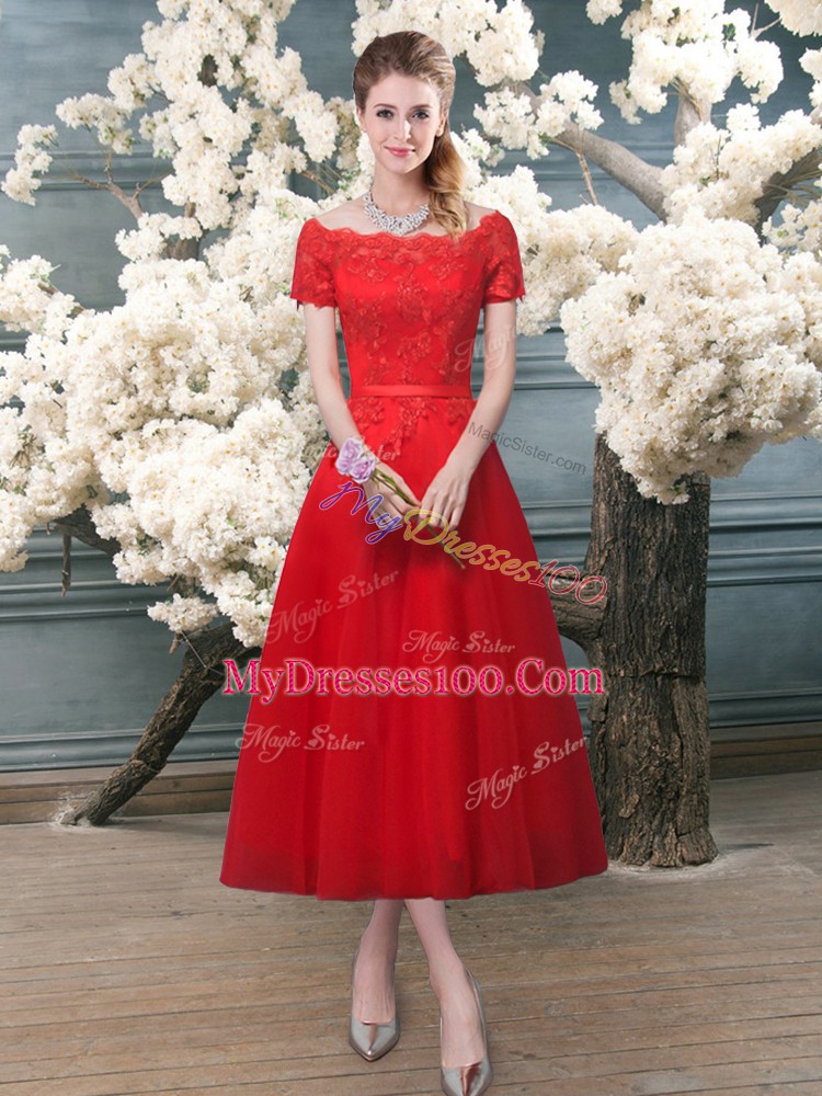 Lace Red Lace Up Short Sleeves Tea Length