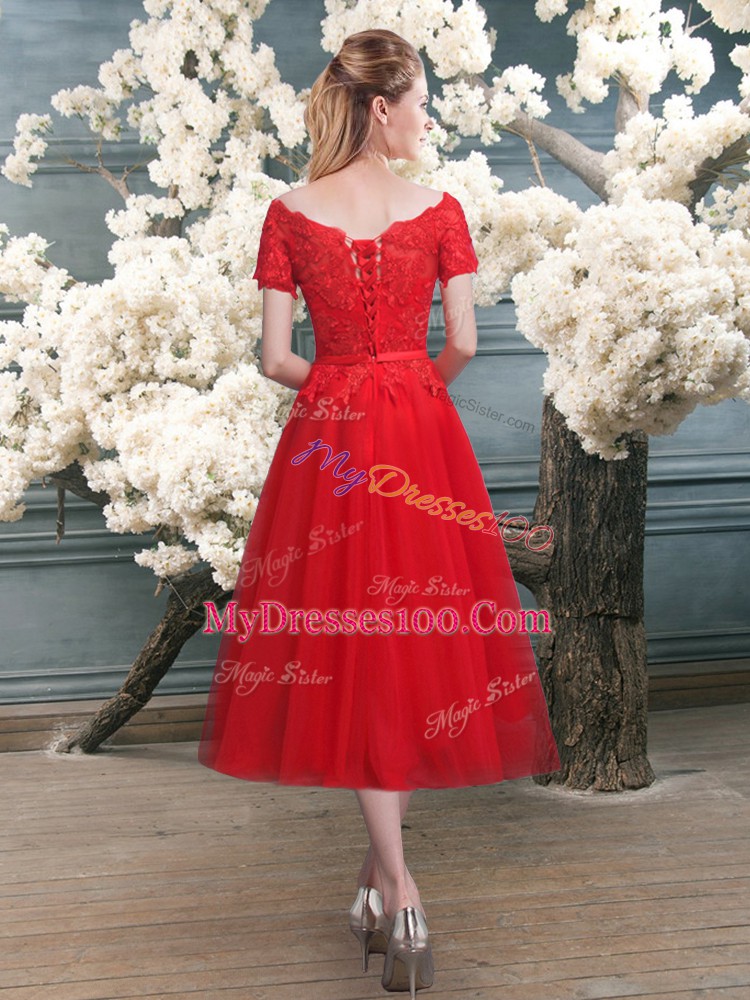 Lace Red Lace Up Short Sleeves Tea Length