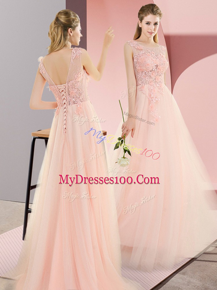 A-line Evening Dress Pink Scoop Tulle Sleeveless Floor Length Lace Up
