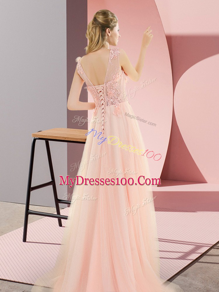 A-line Evening Dress Pink Scoop Tulle Sleeveless Floor Length Lace Up