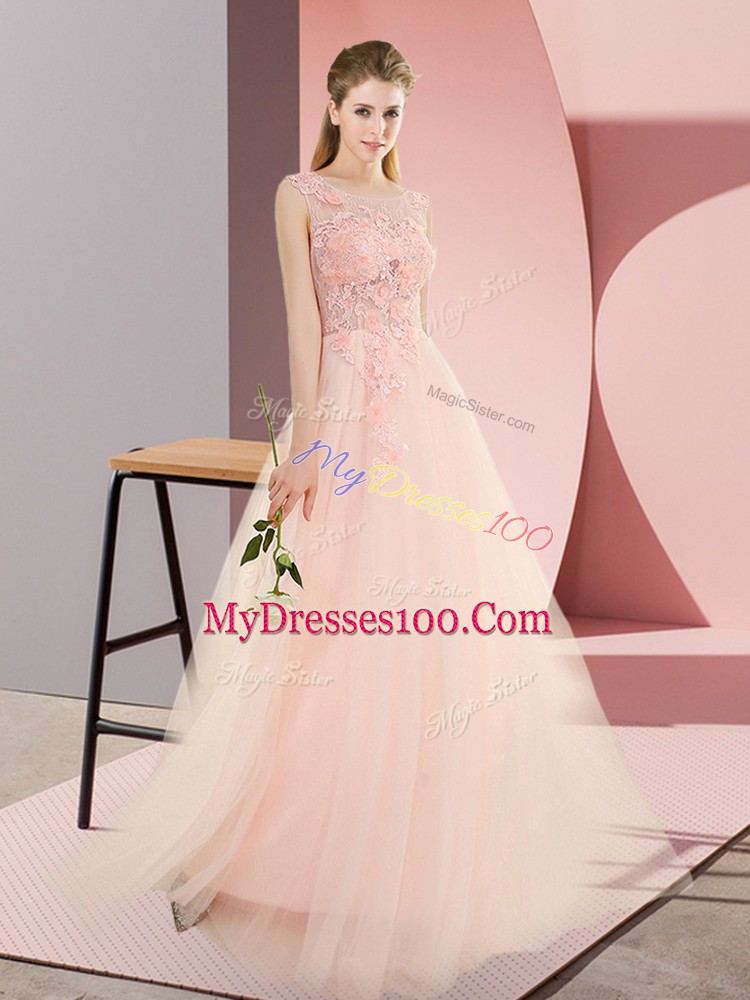 A-line Evening Dress Pink Scoop Tulle Sleeveless Floor Length Lace Up