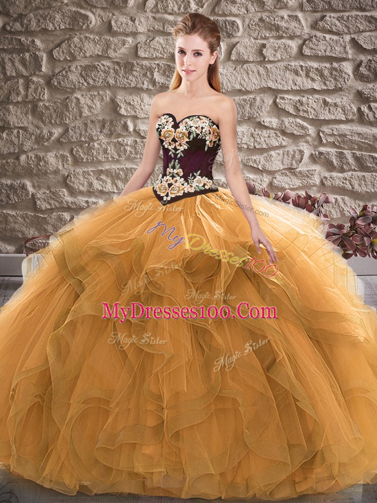 Nice Orange Ball Gowns Sweetheart Sleeveless Tulle Floor Length Lace Up Beading and Embroidery 15 Quinceanera Dress