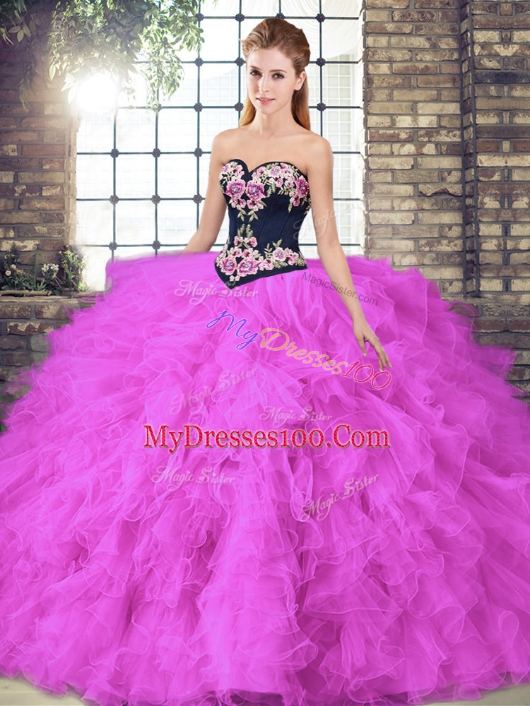 New Arrival Floor Length Fuchsia 15th Birthday Dress Tulle Sleeveless Beading and Embroidery