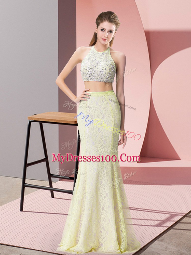Elegant Halter Top Sleeveless Evening Party Dresses Floor Length Beading Light Yellow Lace