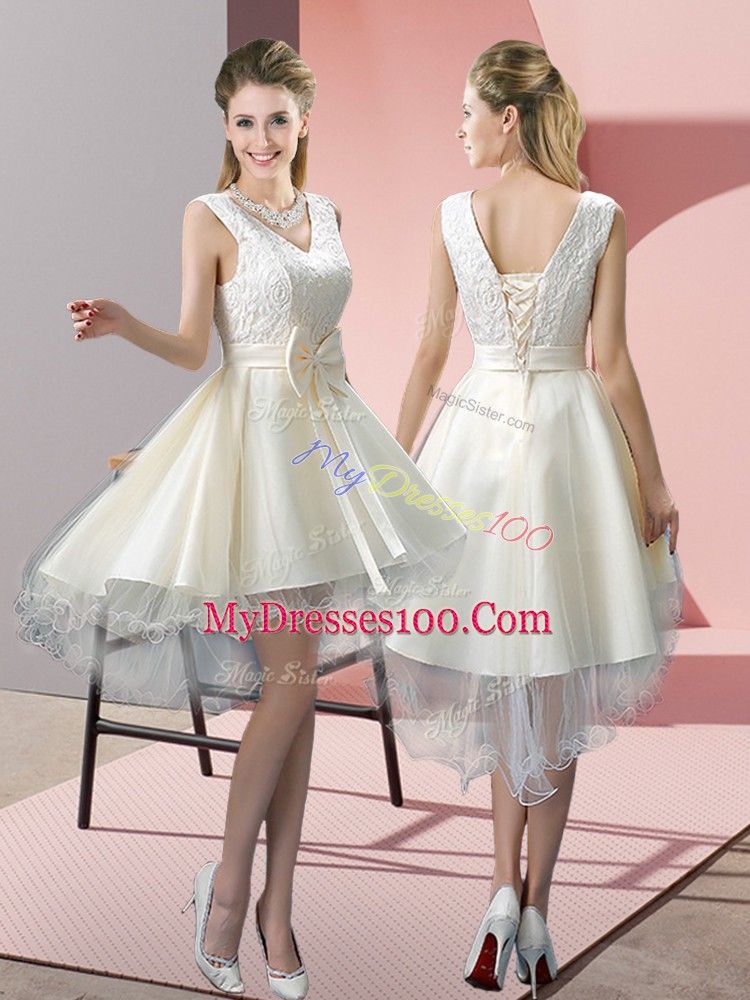 Classical High Low A-line Sleeveless White Prom Dresses Lace Up