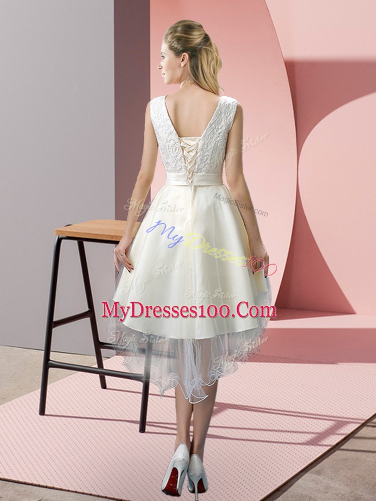 Classical High Low A-line Sleeveless White Prom Dresses Lace Up