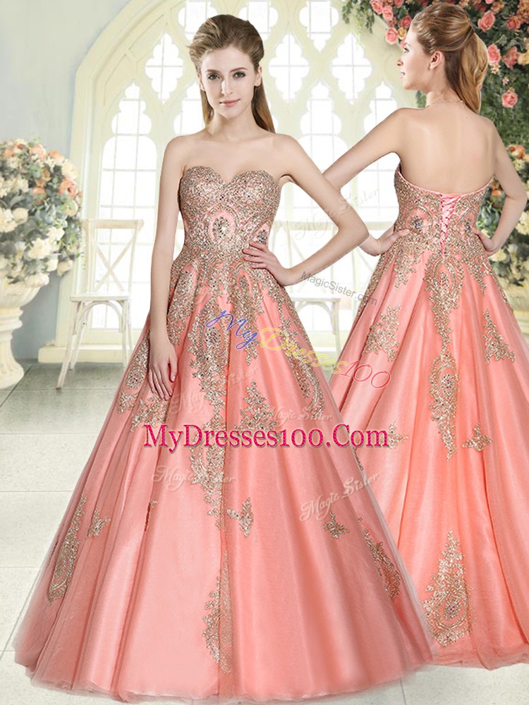 Decent Watermelon Red Sleeveless Appliques Floor Length Dress for Prom
