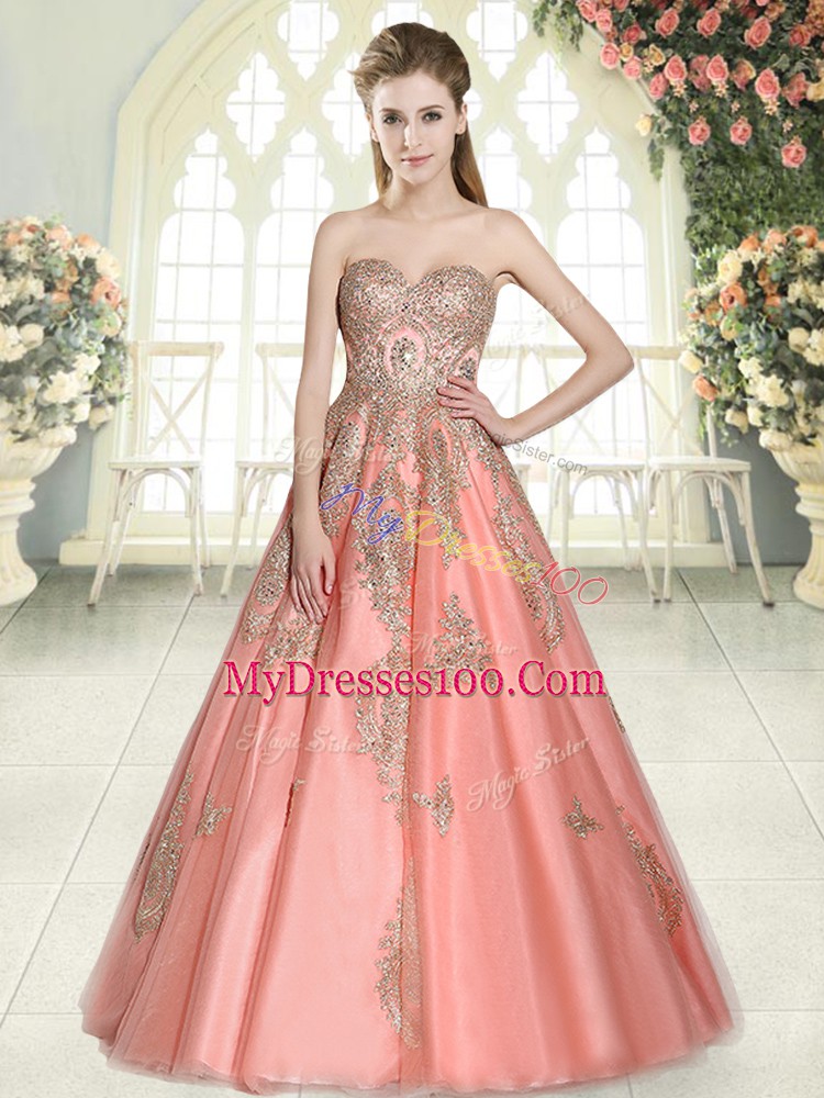 Decent Watermelon Red Sleeveless Appliques Floor Length Dress for Prom