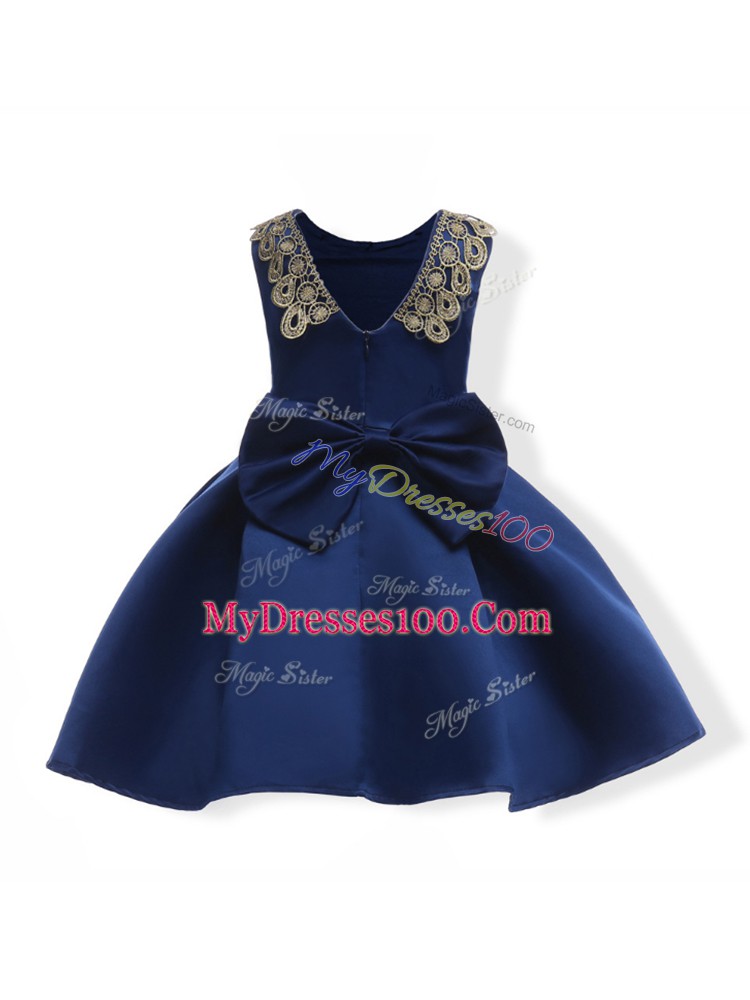 Custom Made Navy Blue Satin Zipper Pageant Dress for Womens Sleeveless Mini Length Appliques and Bowknot
