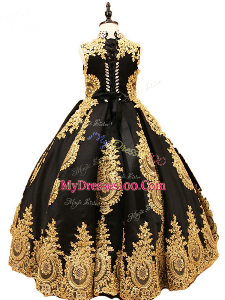 Beading Glitz Pageant Dress Black Lace Up Sleeveless Floor Length