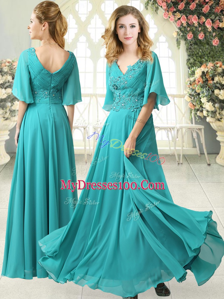 Aqua Blue Zipper Prom Party Dress Beading and Lace Half Sleeves Floor Length Sweep Train