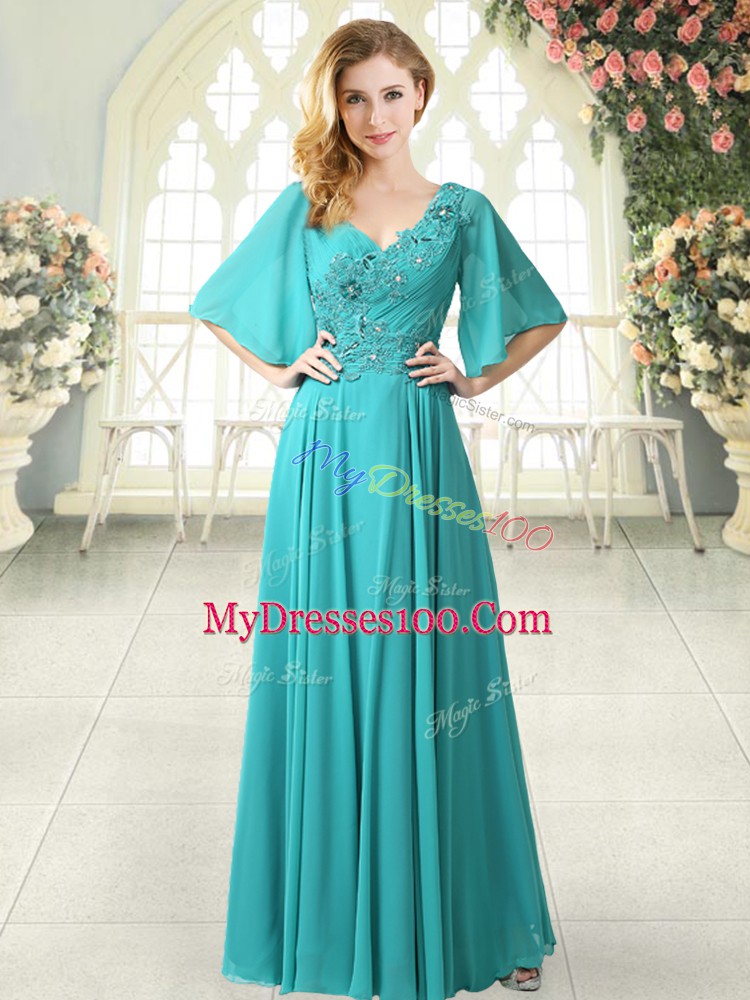 Aqua Blue Zipper Prom Party Dress Beading and Lace Half Sleeves Floor Length Sweep Train