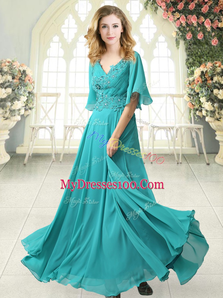 Aqua Blue Zipper Prom Party Dress Beading and Lace Half Sleeves Floor Length Sweep Train