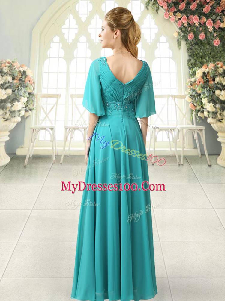 Aqua Blue Zipper Prom Party Dress Beading and Lace Half Sleeves Floor Length Sweep Train