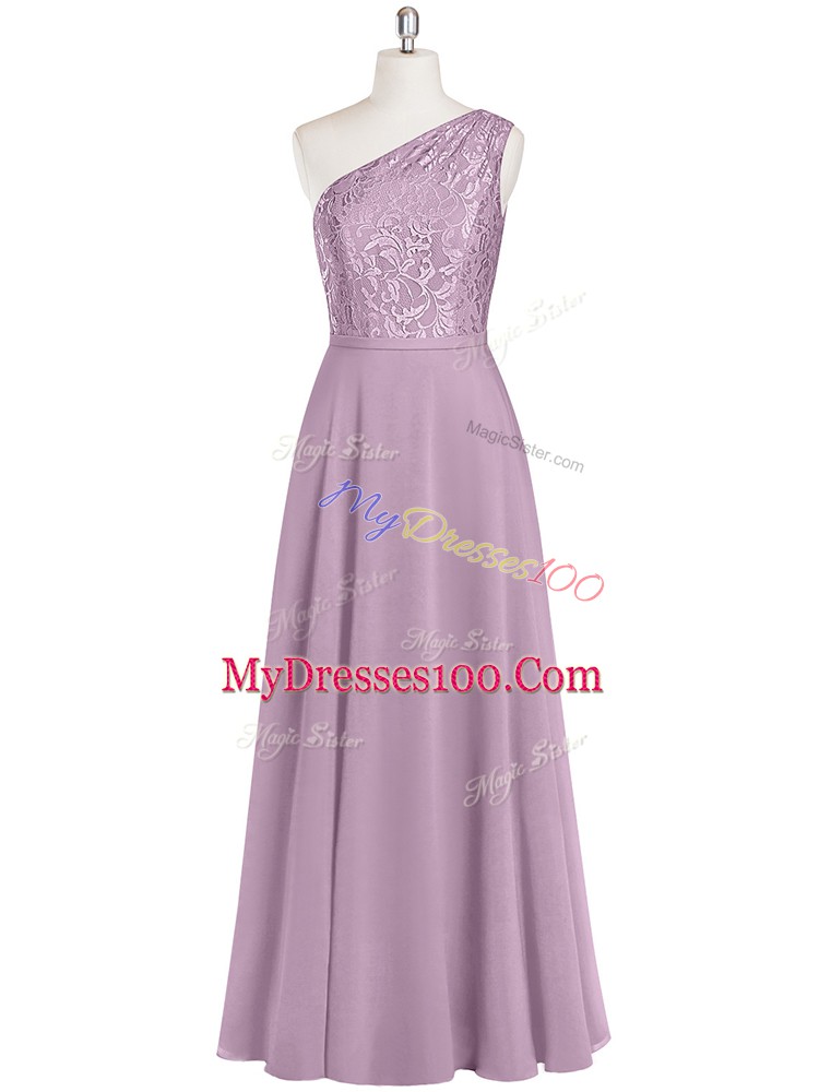 Purple One Shoulder Neckline Lace Evening Dress Sleeveless Zipper