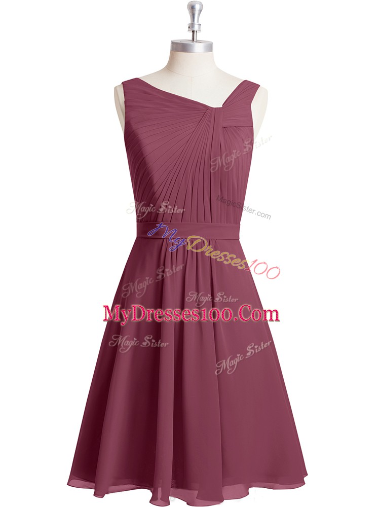 Red A-line Ruching and Belt Prom Dresses Zipper Chiffon Sleeveless Knee Length