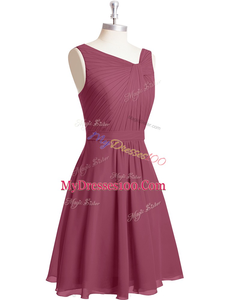 Red A-line Ruching and Belt Prom Dresses Zipper Chiffon Sleeveless Knee Length