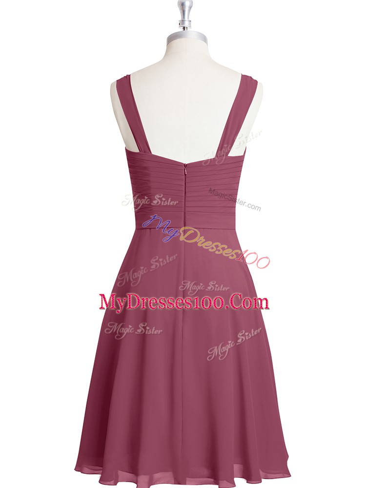 Red A-line Ruching and Belt Prom Dresses Zipper Chiffon Sleeveless Knee Length