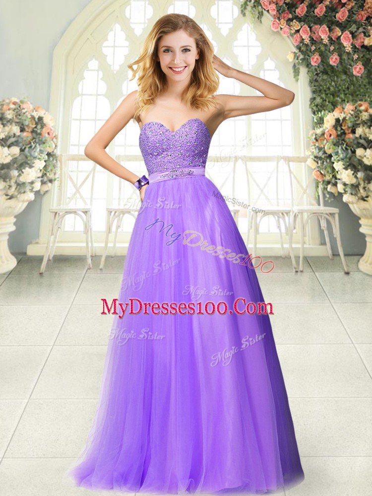 Beading and Lace Homecoming Dress Lavender Zipper Sleeveless Floor Length