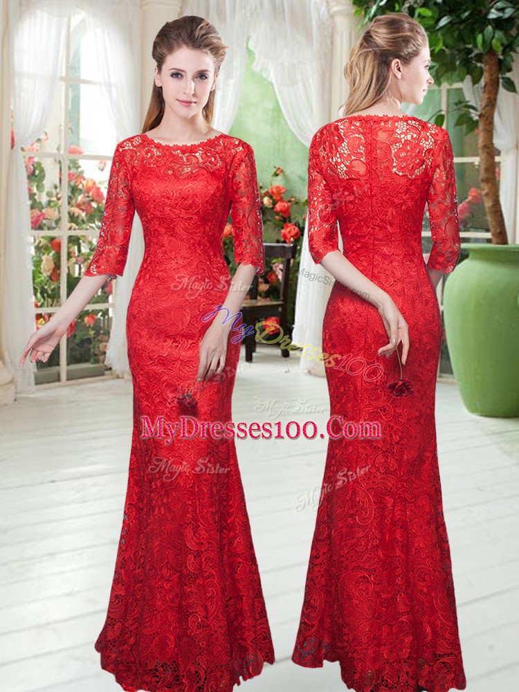 Vintage Red Half Sleeves Floor Length Lace Zipper Prom Dress