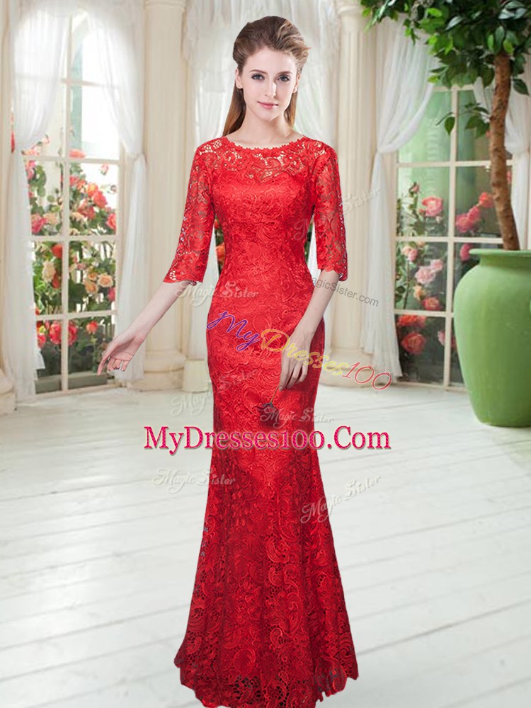 Vintage Red Half Sleeves Floor Length Lace Zipper Prom Dress