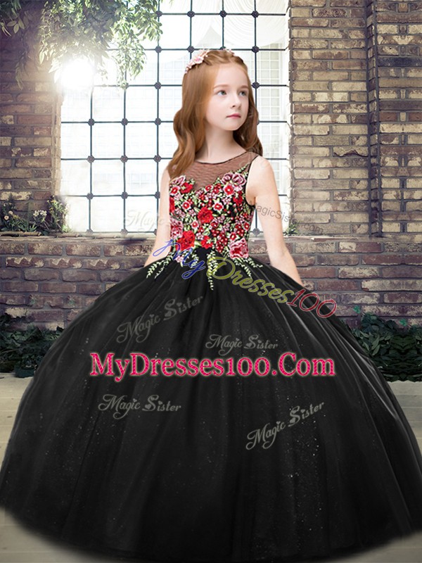 Latest Floor Length Zipper Pageant Dress for Girls Black for Party and Wedding Party with Embroidery