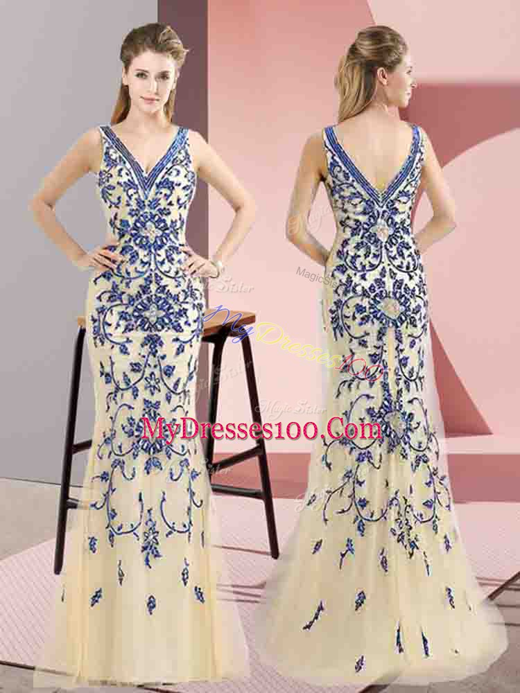 Floor Length Champagne Evening Dress Tulle Sleeveless Beading