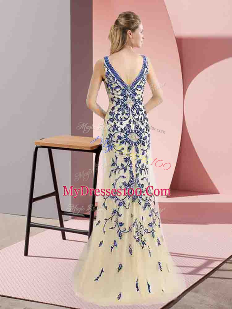 Floor Length Champagne Evening Dress Tulle Sleeveless Beading
