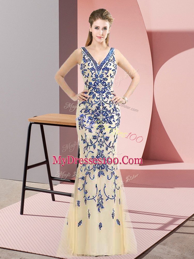 Floor Length Champagne Evening Dress Tulle Sleeveless Beading