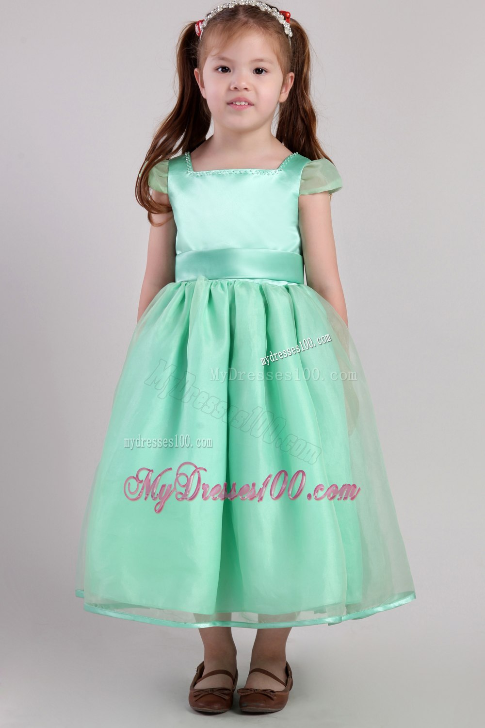 Apple Green A-line Square Tea-length Organza Belt Little Girl Dress