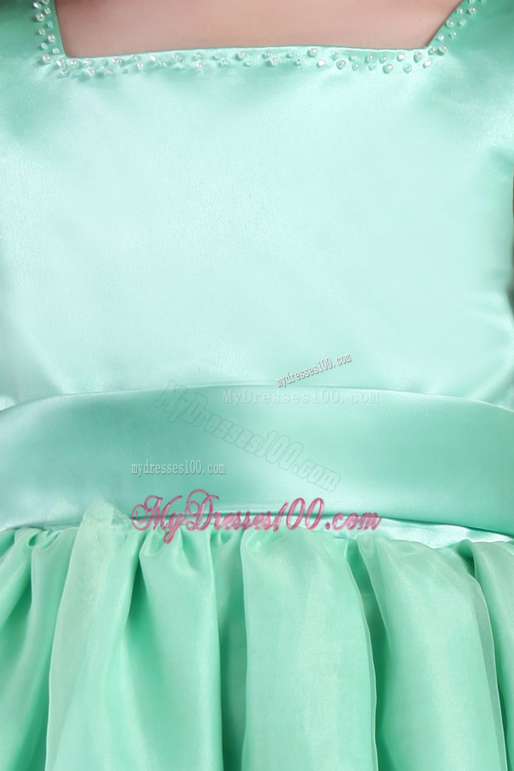 Apple Green A-line Square Tea-length Organza Belt Little Girl Dress