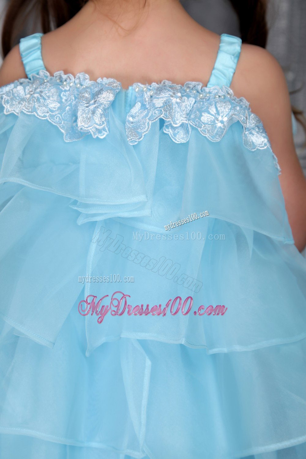 Auqa A-line / Princess Straps Knee-length Organza Beading Flower Girl Dress